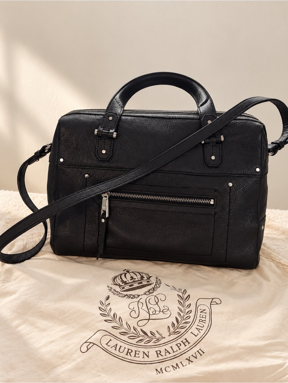 Lauren Ralph Lauren Black Pebbled Leather Satchel Shoulder Bag with Dust Bag